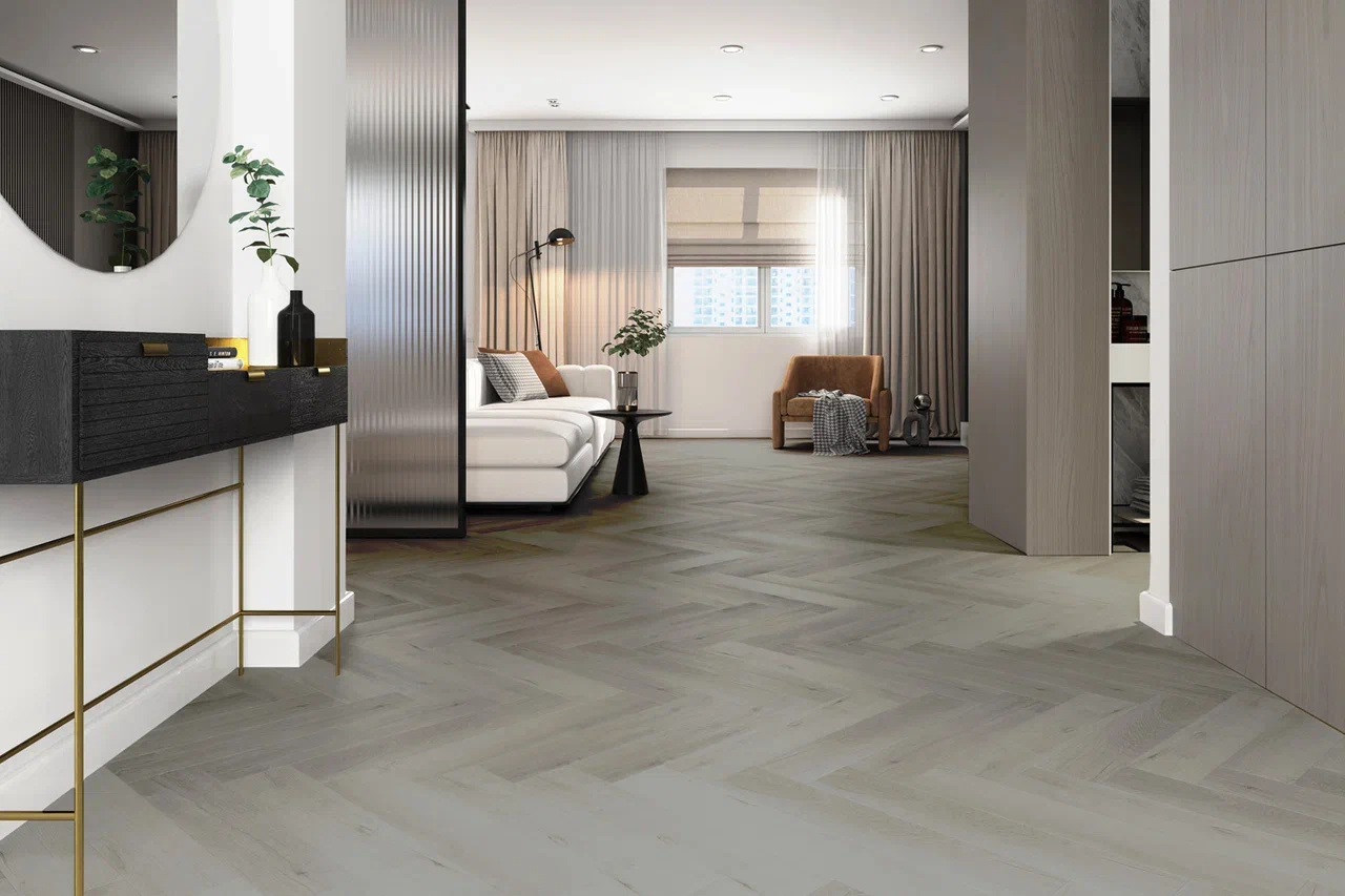 Кварцвиниловый SPC ламинат Home Expert Parquet Дуб Баварский лес 33-69W906/33-3003 венгерская елка 615×123×3,5 фото в интерьере